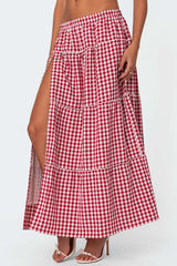 Gingham Side Slit Tiered Maxi Skirt