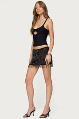 Sheer Sequin Bead Fringed Mini Skirt