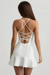 Drop-Waist Lace-Up Mini Dress in White