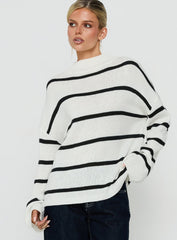 Alara Mock Neck Knit Sweater White Stripe