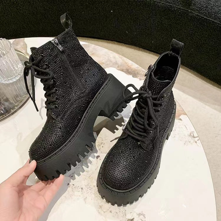 Checkerboard Pattern Lace Up Chunky Sole Boots