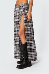 Plaid Side Slit Tiered Maxi Skirt