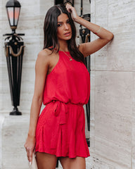 Former Flame Satin Leopard Embossed Romper - Red